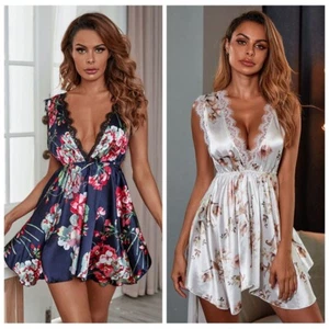 Womens Lace Sexy-lingerie Nightwear Babydoll Sleepwear Deep V-neck Night Dress - Picture 1 of 14