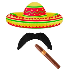 Inflatable Sombrero, Fake Cigar & Stick-On Moustache Mexican Costume Set - Picture 1 of 6