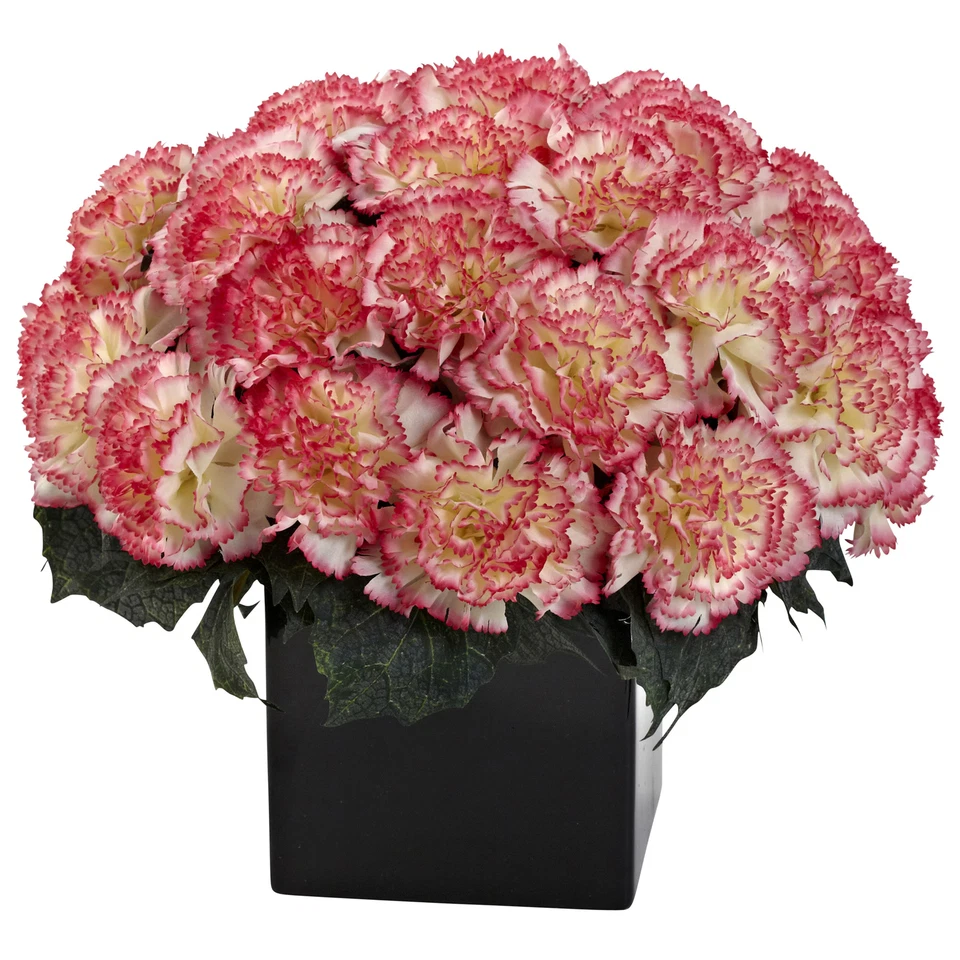 Artificial Carnation Arrangement Black Ceramic Vase Cream Pink Floral Decor 11" - Image 1 of 1