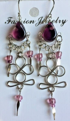 Purple Glass Dangle / Drop Hook Earrings With A Wirework Design. (#27) - Image 1 of 2