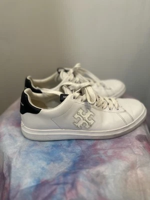 Authentic Tory Burch Howell Court White & Black Leather Tennis Sneakers - Image 1 of 4