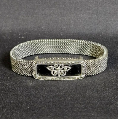 Silver Tone Mesh Stretch Bracelet Butterfly Center Black Enamel Rhinestone - Image 1 of 4
