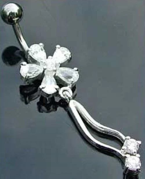 Sterling Silver Clear Crystal Flower Dangle Belly Bar - Image 1 of 1