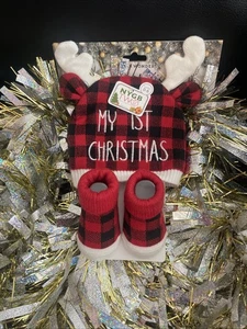 NYGB Two 2 Pezzi Rosso Nero Bufalo Plaid My 1st Christmas Cappello & Bootie Calzini 0-6M - Foto 1 di 7