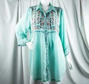 JOHNNY WAS New Turquoise Multicolor Embroidered Women Bohemian Top Size L - Picture 1 of 12