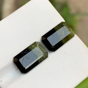 Black & Olive Green Bicolor Natural Tourmaline Gemstone Pair 7.70 Ct Emerald Cut - Picture 1 of 12
