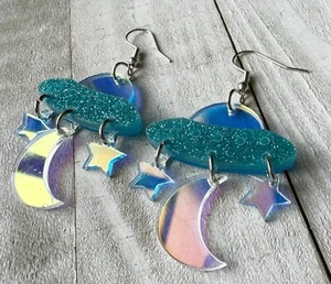 Spaceship Moon Star Earrings Dangle Drop 2” Cute Lucite Earrings - Picture 1 of 4
