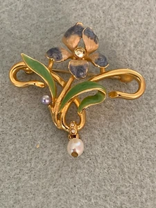 Joan Rivers Enamel Flower w/ Rhinestone & Pearl Drop Brooch Pin - Picture 1 of 5