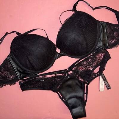 Victoria's Secret 36B BRA SET M Panty Strappy BLACK fishnet lace FAUX LEATHER - Image 1 of 4