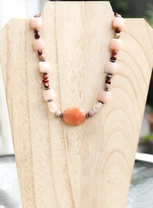 Strawberry Quartz Pink Opal? Amber with Glass Beaded Artisan Necklace - Picture 1 of 18