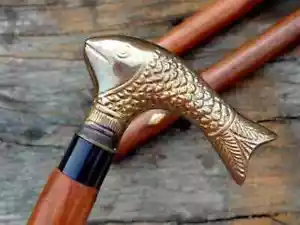 Antique Walking Stick Fish Head Designer Brass Handle Wood Cane Vintage Deco New - Picture 1 of 6