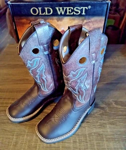 Old West Child Boys Size 9.5 Crackle Brown Cowboy Western Sq Toe Boots VB9147 - Picture 1 of 5