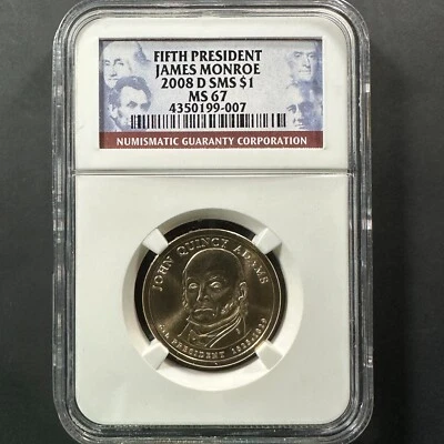 2008-D $1 James Monroe Presidential Dollar, SMS, NGC MS67 (85205) - Image 1 of 2
