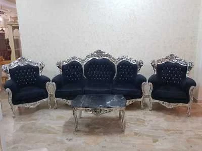 SALOTTO COMPLETO IN LEGNO FOGLIA ARGENTO E TESSUTO NERO CON CRISTALLI - Immagine 1 di 4