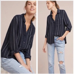 Anthropologie Cloth & Stone Women’s M Navy/White Stripe Shirt Tulane Button Down - Picture 1 of 9
