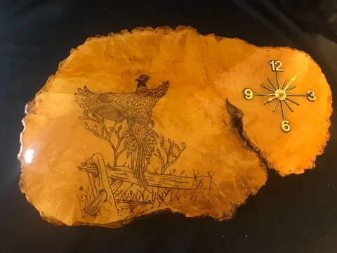 Vintage Live Edge Maple Burlwood Resin Clock w/ Flying Pheasant Hand Drawn Works Cover