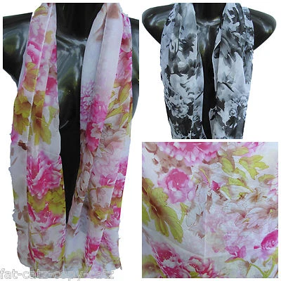 FAT-CATZ-COPY-CATZ PINK oder GRÜN BLUMEN ROSEN DRUCK CHIFFON DAMEN SCHAL TUCH SARONG UK VERKÄUFER