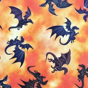 Cotton Fabric - Fire & Fury Dragon Print Sunset Orange Craft Fabric Material - Picture 1 of 7