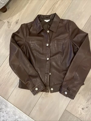 Women’s Halogen Brown Leather Coat Fitted Silver Buttons Front Pockets NICE LG - Image 1 of 4