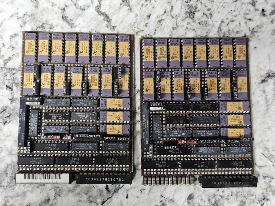 2x Vintage IBM Mainframe System 360 Boards Gold w36x Ceramic Gold IC RAM Memory - Image 1 of 4