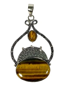 Tigerauge Edelstein Anhänger 925 Silber vergoldet Ethno Handarbeit Schmuck 2,88" NEU - Bild 1 von 9