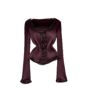 Women Knitted Top Ruffle Lace Casual Button Stretch Striped Slim Fit Soft - Picture 1 of 24