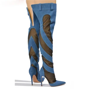 Cape Robbin Mesh Denim Thigh High Boots Women Over Knee Blue Thigh High Boots - Picture 1 of 6