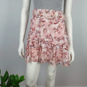Mink Pink Size M, 12 Short Mini Skirt Ruffle Layered Hem Pink Floral Lined Women - Picture 1 of 14