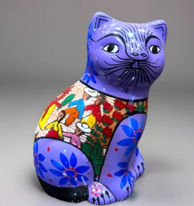 Vintage Purple Hand Painted Glazed Mexican Folk Cat Figurine Art Clay Pottery - Picture 1 of 9