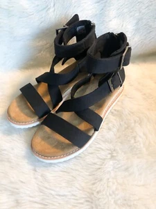 Skechers Bobs Womens Desert Kiss Black Gladiator Sandal SZ5.5 Zip Heel Canvas - Picture 1 of 6