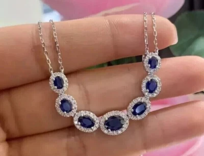 3Ct Oval Lab-Created Blue Sapphire Women's Beauty Necklace 14K White Gold Plated - Image 1 of 4