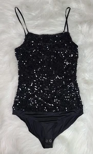 Forever 21 Black Shiny Sequin Embroidered One Piece Snap Bottom (M) - Picture 1 of 8