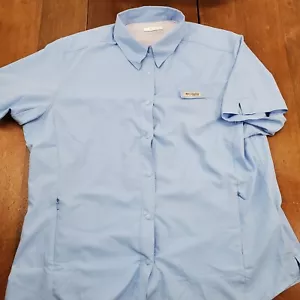 Columbia Women's Size XL Vented Fishing Short Sleeve Button Up Cotton Shirt Blue - Picture 1 of 12