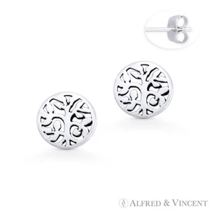 Tree w/ Filigree Vine & Leaf Charm Circle Stud Earrings in .925 Sterling Silver - Picture 1 of 1