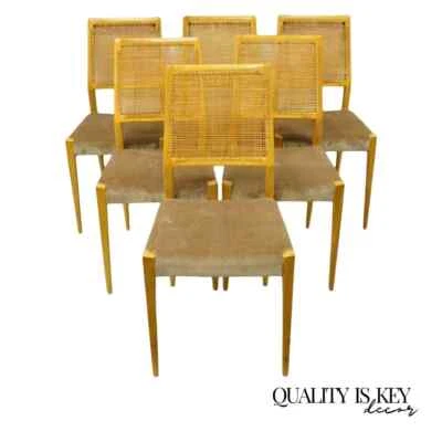 Juego de 6 sillas de comedor danesas modernas de mediados de siglo vintage con respaldo de caña de madera de abedul - Foto 1 de 4