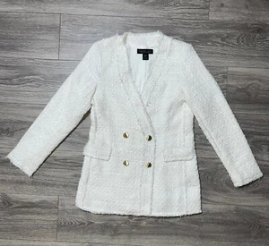 Rachel Zoe Longline White Tweed Frayed Hem Gold Button Blazer Jacket XS - Picture 1 of 13