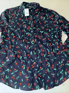 J. Crew Women's Large Button Up Shirt Cherry Print Navy Long Sleeve Cotton NWT - Picture 1 of 4