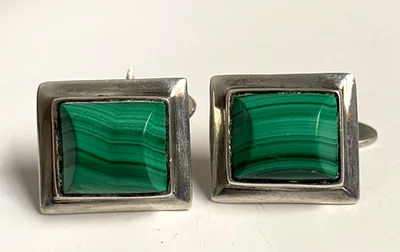 Винтажные качели середины 1960-х большие малахитовые и серебряные запонки - Изображение 1 из 4