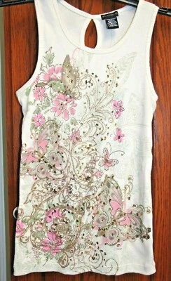 Fang Girls NWT Large 12-14 Vintage Y2K Gold sequin butterfly ribbed tank top - Image 1 of 2