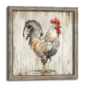 Farmhouse Wall Art Decor Kitchen: Rooster Framed Wood Picture Rustic Farm Ani... - Picture 1 of 6