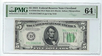 MULE NOTE. $5 1934 Cleveland Mule. Fr. 1956-Dm. PMG 65 EPQ.  - Image 1 of 2