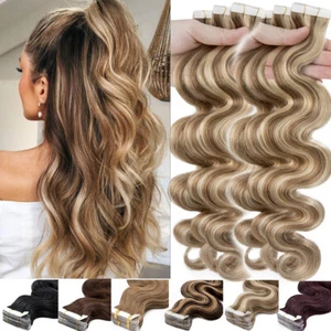 Invisible THICK Tape In Skin Weft Remy Human Hair Extensions Wavy 60PCS 150G Ash - Picture 1 of 42
