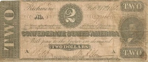 1864 $2 CONFEDERATE STATES CURRENCY~ JUDAH BENJAMIN THE JEWISH CONFEDERATE - Picture 1 of 2