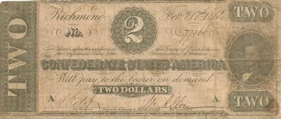 1864 $2 CONFEDERATE STATES CURRENCY~ JUDAH BENJAMIN THE JEWISH CONFEDERATE - Image 1 of 2