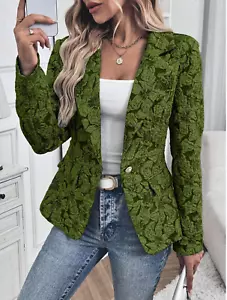 Green Clasi Women Floral Jacquard Lapel Neck Long Sleeve Elegant Blazer Jacket - Picture 1 of 7