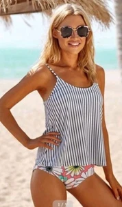 Walkonbeach Women's Striped And Flower High Waist Two Piece Tankini Set Size XXL - Picture 1 of 3