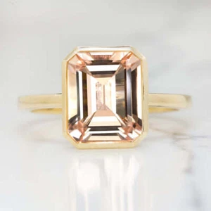 3.4ct EMERALD CUT MORGANITE SOLITAIRE RING BEZEL 14K YELLOW GOLD PINK NATURAL - Picture 1 of 3