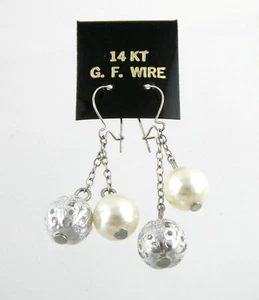 14k White Gold Fill Wire Faux Pearl Earrings with Backing Card - Picture 1 of 9