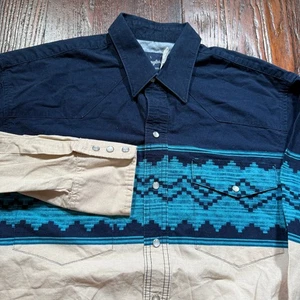 Vintage Wrangler Hemd Herren L blau Brushpopper Aztec Pearl Snap Western Cowboy - Bild 1 von 9