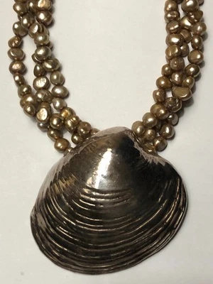 NWOT OLD STOCK 925 ISRAEL LARGE STERLING SILVER CLAM SHELL PEARL CHOKER NECKLACE - Image 1 of 4